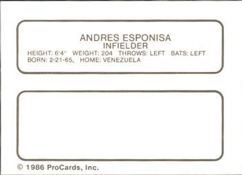 1986 ProCards Quad City Angels #10 Andres Espinoza Back