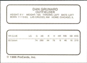 1986 ProCards Quad City Angels #13 Dan Grunhard Back