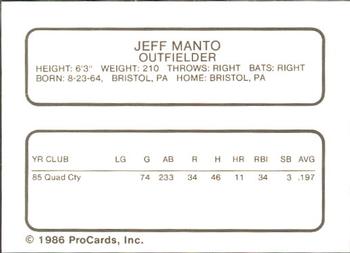 1986 ProCards Quad City Angels #19 Jeff Manto Back