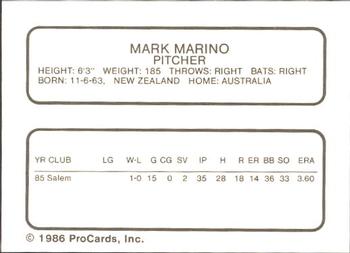 1986 ProCards Quad City Angels #20 Mark Marino Back