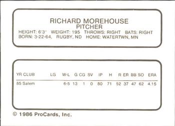 1986 ProCards Quad City Angels #24 Richard Morehouse Back
