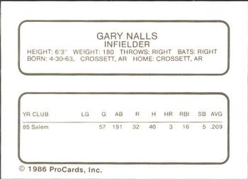 1986 ProCards Quad City Angels #25 Gary Nalls Back