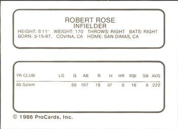 1986 ProCards Quad City Angels #29 Robert Rose Back