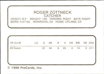 1986 ProCards Quad City Angels #32 Roger Zottneck Back