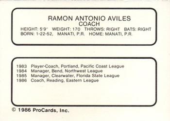 1986 ProCards Reading Phillies #1 Ramon Aviles Back