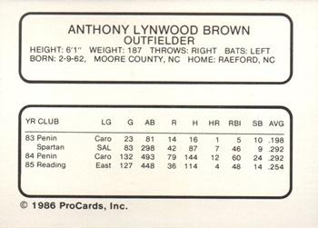 1986 ProCards Reading Phillies #4 Tony Brown Back