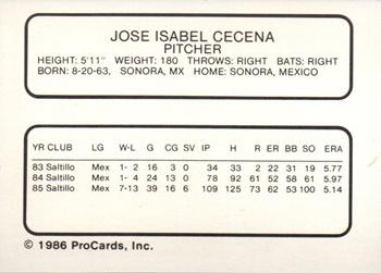 1986 ProCards Reading Phillies #5 Jose Cecena Back