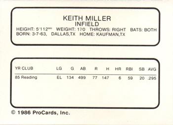 1986 ProCards Reading Phillies #17 Keith Miller Back