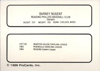 1986 ProCards Reading Phillies #20 Barney Nugent Back