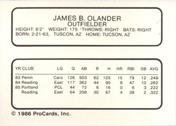 1986 ProCards Reading Phillies #21 Jim Olander Back