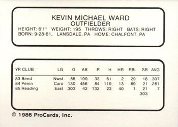 1986 ProCards Reading Phillies #25 Kevin Ward Back