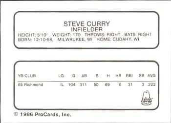 1986 ProCards Richmond Braves #3 Steve Curry Back
