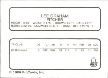 1986 ProCards Richmond Braves #7 Lee Graham Back