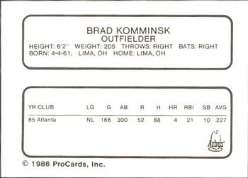 1986 ProCards Richmond Braves #11 Brad Komminsk Back