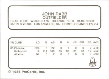 1986 ProCards Richmond Braves #18 John Rabb Back