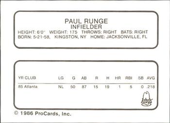 1986 ProCards Richmond Braves #19 Paul Runge Back