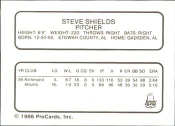 1986 ProCards Richmond Braves #20 Steve Shields Back
