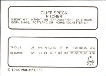 1986 ProCards Richmond Braves #21 Cliff Speck Back