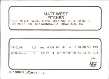 1986 ProCards Richmond Braves #25 Matt West Back