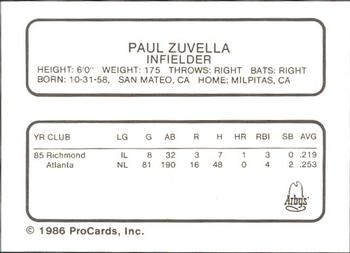 1986 ProCards Richmond Braves #26 Paul Zuvella Back