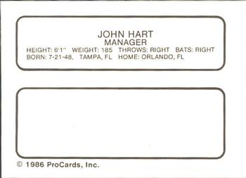 1986 ProCards Rochester Red Wings #NNO John Hart Back