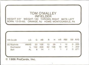 1986 ProCards Rochester Red Wings #NNO Tom O'Malley Back