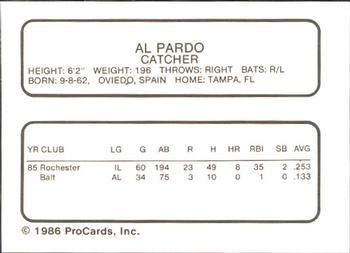 1986 ProCards Rochester Red Wings #NNO Al Pardo Back