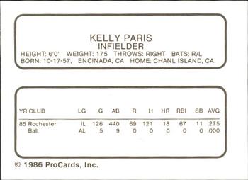 1986 ProCards Rochester Red Wings #NNO Kelly Paris Back
