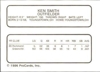 1986 ProCards Rochester Red Wings #NNO Ken Smith Back