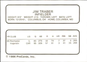 1986 ProCards Rochester Red Wings #NNO Jim Traber Back