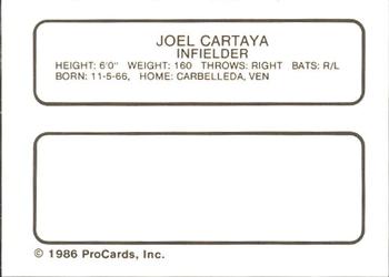 1986 ProCards Salem Red Birds #3 Joel Cartaya Back
