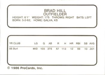 1986 ProCards Salem Red Birds #12 Brad Hill Back