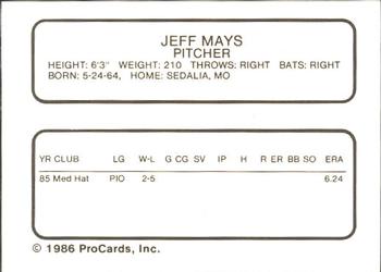 1986 ProCards Salem Red Birds #18 Jeff Mays Back