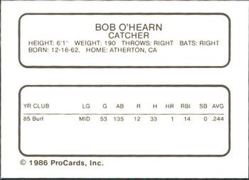 1986 ProCards Salem Red Birds #22 Bob O'Hearn Back