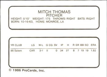 1986 ProCards Salem Red Birds #25 Mitch Thomas Back