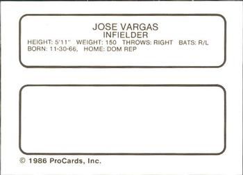 1986 ProCards Salem Red Birds #26 Jose Vargas Back