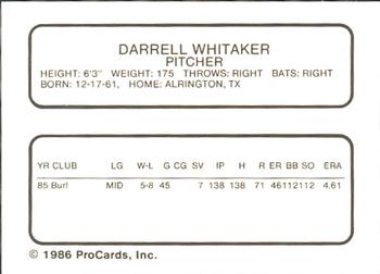 1986 ProCards Salem Red Birds #28 Darrell Whitaker Back