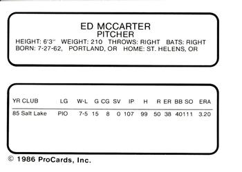 1986 ProCards San Jose Bees #12 Edward McCarter Back