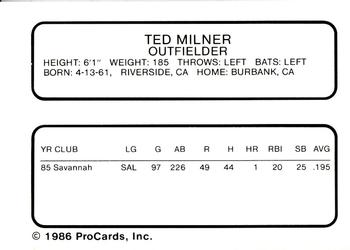 1986 ProCards San Jose Bees #13 Ted Milner Back