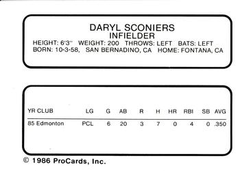 1986 ProCards San Jose Bees #18 Daryl Sconiers Back