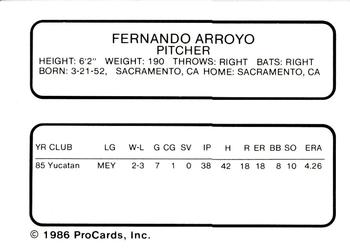 1986 ProCards San Jose Bees #1 Freddie Arroyo Back
