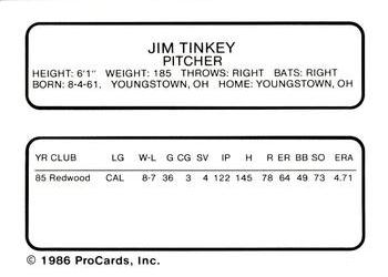 1986 ProCards San Jose Bees #21 Jim Tinkey Back