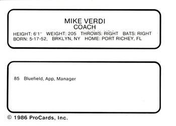 1986 ProCards San Jose Bees #22 Mike Verdi Back