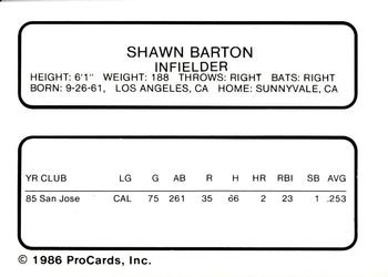 1986 ProCards San Jose Bees #2 Shawn Barton Back