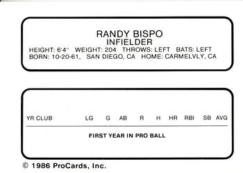 1986 ProCards San Jose Bees #4 Randy Bispo Back