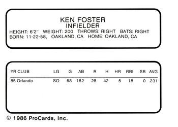 1986 ProCards San Jose Bees #7 Ken Foster Back