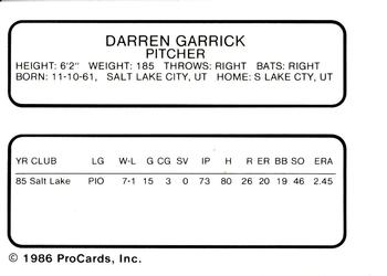 1986 ProCards San Jose Bees #8 Darren Garrick Back