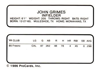 1986 ProCards Shreveport Captains #9 John Grimes Back