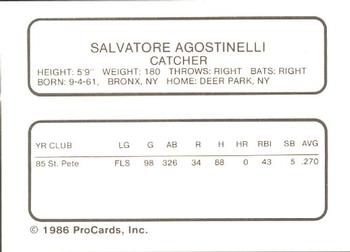 1986 ProCards St. Petersburg Cardinals #1 Sal Agostinelli Back