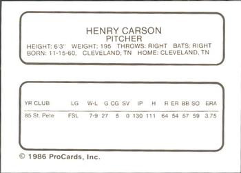 1986 ProCards St. Petersburg Cardinals #5 Henry Carson Back